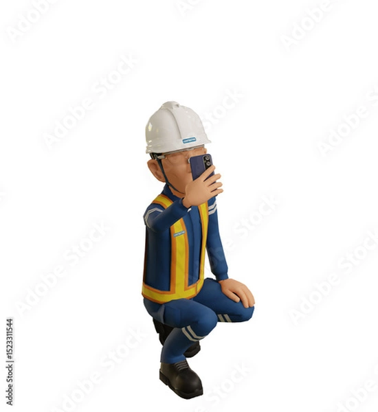 Fototapeta Isolate industrial worker is using the mobile phone  to taking a photo on transparent back ground