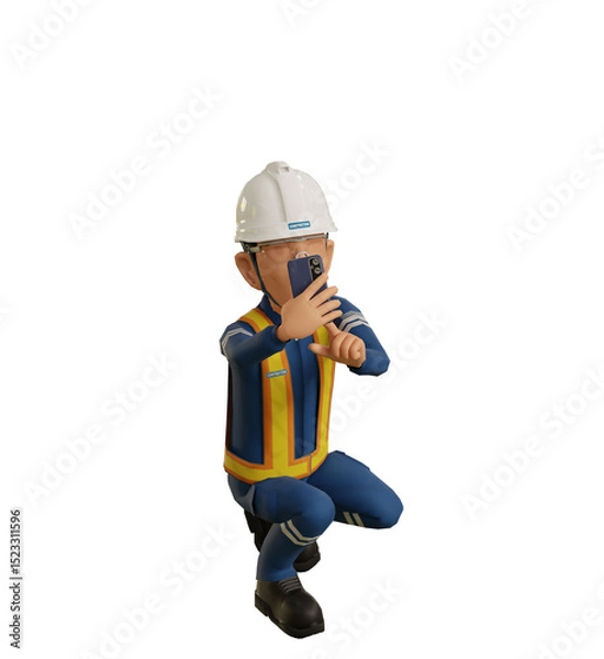 Fototapeta Isolate industrial worker is using the mobile phone  to taking a photo on transparent back ground