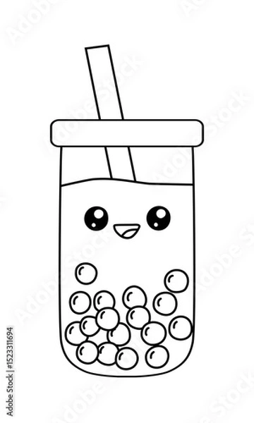 Fototapeta Kawaii style bubble tea glass with boba pearls and straw, vector outline for coloring book