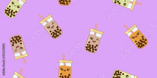 Fototapeta Cute seamless pattern of kawaii bubble tea cups with happy faces, on a violet background