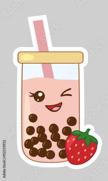 Fototapeta Sticker with kawaii style strawberry bubble tea glass with boba pearls and straw, vector