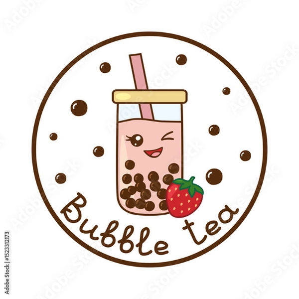 Fototapeta Kawaii bubble tea with strawberry winking in circle frame with lettering, vector