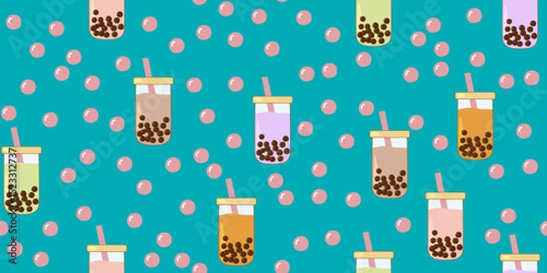 Fototapeta Seamless pattern with different colored boba tea glasses and tapioca pearls blue background, vector