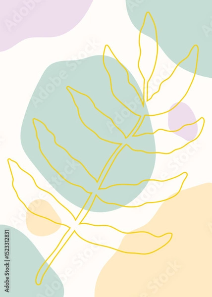 Fototapeta Minimalist boho illustration with golden leaf outline branch and pastel colored shapes, vector