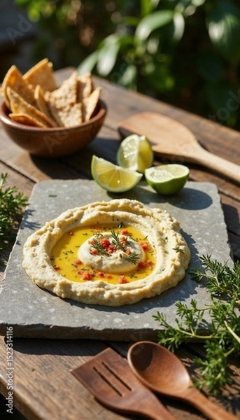 Fototapeta Delicious hummus with pita bread and lime wedges on rustic wooden table.  Hummus is served on gray stone board with olive oil and chili flakes. 