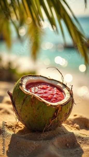 Fototapeta Tropical coconut bowl with vibrant red soup served on sandy beach.  Exotic no-dish meal in coconut shell near ocean.  Perfect no-dish meal for summer food blogs and travel magazines.