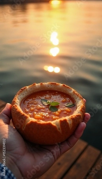 Fototapeta Delicious soup served in edible bread bowl at sunset. Hand holding hearty vegetable soup, perfect for casual dining or picnic. No-dish food.