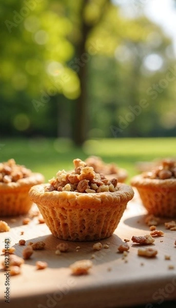 Fototapeta Granola cups with crunchy peanut topping on wooden board. Granola snack is perfect for eco-friendly eating, zero waste lifestyle, and sustainable habits.