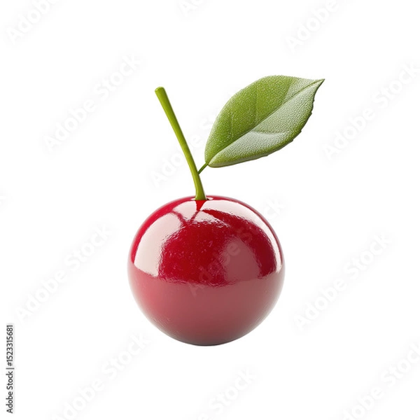 Fototapeta A glossy, red cherry with a single leaf isolated on transparent background.