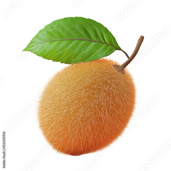Fototapeta Detailed image of a furry kiwi fruit with a leaf isolated on transparent background.