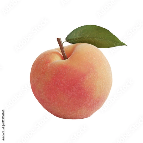 Fototapeta A peach with a leaf, displayed isolated on transparent background.