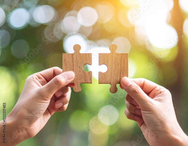 Fototapeta Connecting two wooden puzzle pieces, hands clasped together, symbolizes teamwork and collaboration in serene outdoor setting. warm sunlight creates joyful atmosphere