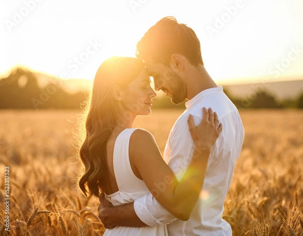 Fototapeta Two souls intertwined in tender embrace, bathed in golden glow of afternoon sun, surrounded by field of wheat, radiating love and warmth