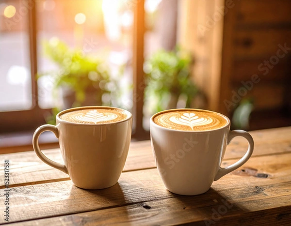 Fototapeta Warm and inviting, two steaming mugs of coffee sit on rustic wooden table, showcasing beautiful latte art. sunlight filters through window, creating cozy atmosphere