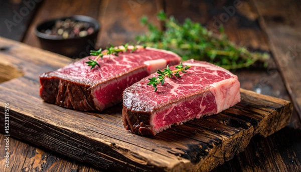Fototapeta Succulent slices of dry aged beefsteak glistening with marbling, garnished with fresh thyme, resting on rustic wooden board, evoke sense of gourmet indulgence and culinary delight