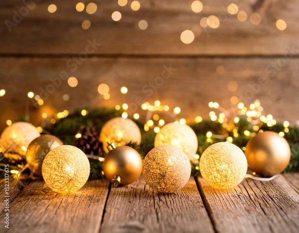 Fototapeta Cozy golden orbs of light illuminate rustic wooden backdrop, creating warm and inviting atmosphere perfect for festive celebrations. soft glow enhances charm of scene