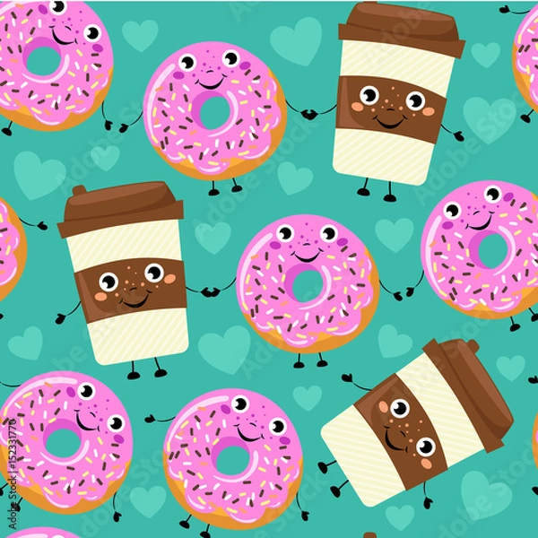 Obraz Seamless pattern from cartoon comic coffee cup and donut with smile face. Vector cartoon background.
