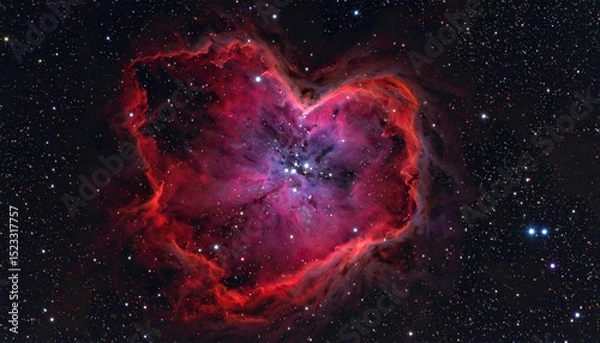 Fototapeta Image showcases stunning nebula resembling heart shape, filled with vibrant colors of gas and stardust against backdrop of stars, evoking sense of wonder and beauty in cosmos