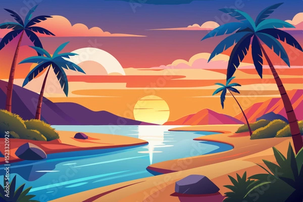 Fototapeta Tropical Sunset Beach Scene vibrant illustration tropical beach sunset Palm trees line the shore and calm river flows through the sand Mountains and colorful clouds