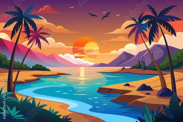 Fototapeta Tropical Sunset Beach Landscape Vibrant illustration tropical beach sunset Palm trees line the shore with mountains rising the background calm body water reflects the golden