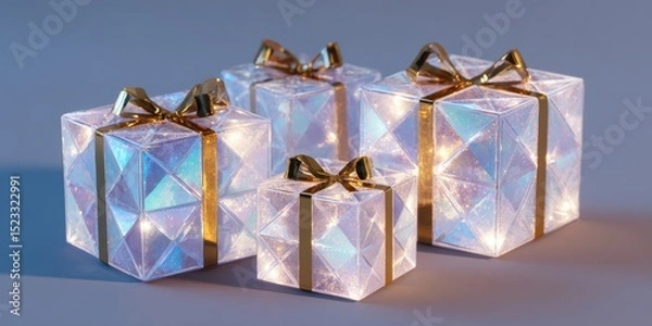 Fototapeta Three transparent gift boxes with gold ribbons and bows on a solid blue background.