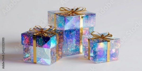 Fototapeta Three transparent gift boxes with gold bows stacked on a white background, bright studio lighting.