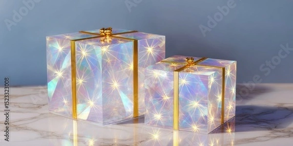 Fototapeta Two illuminated light boxes on a wooden table in a bright indoor setting, minimalistic modern design.