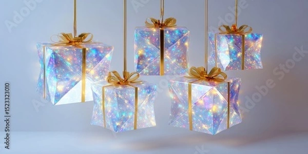 Fototapeta Five colorful gift boxes with gold ribbons hanging from a string against a white background.