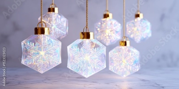 Fototapeta Five clear glass ornaments hanging from a shiny gold chain on a white background, studio lighting.