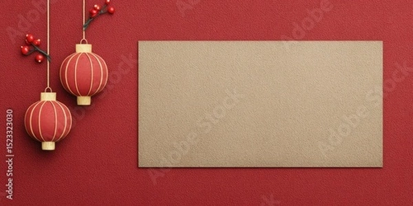 Fototapeta Two red Christmas ornaments hanging on a string beside a blank white card on a plain background.
