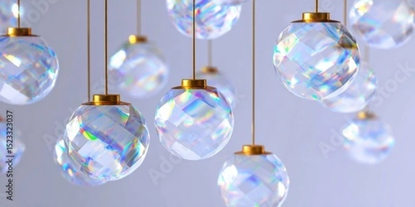Fototapeta Transparent glass balls hanging from ceiling in a bright indoor space with soft natural light.