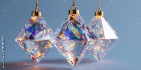 Fototapeta Three transparent glass ornaments suspended by gold chains against a solid blue backdrop, studio lighting.