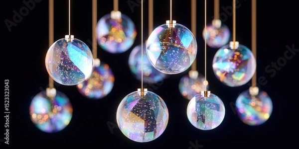 Fototapeta Transparent glass ornaments hanging from ceiling, reflecting light in a bright indoor space.