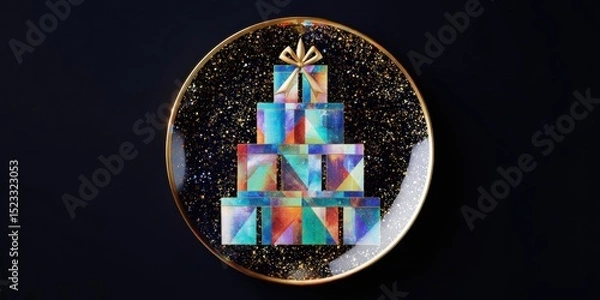 Fototapeta Single candle-lit cake on a clear glass plate against a white background, minimalistic and bright.