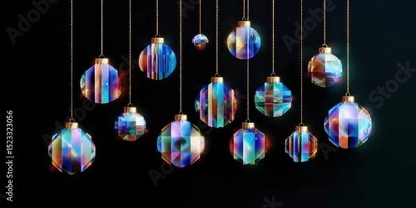 Fototapeta Colorful glass ornaments hanging from a gold chain against a white background, bright and vibrant decor.