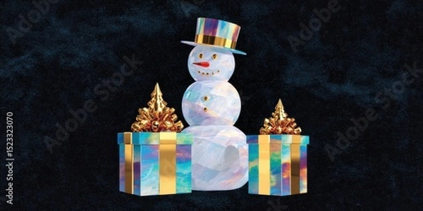 Fototapeta Small snowman sitting on a red gift box with a snowy background, winter holiday decoration.