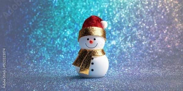 Fototapeta Snowman wearing a red hat and scarf stands outdoors on a snowy winter day with clear sky.