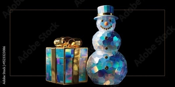 Fototapeta A white snowman with a red scarf and a wrapped gift box on a black background, studio lighting.