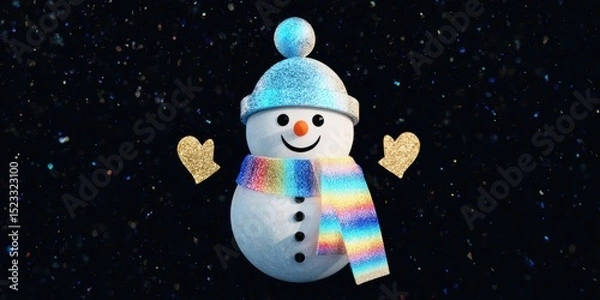 Fototapeta Snowman wearing a red scarf and black hat standing in a snowy outdoor winter scene during daytime.