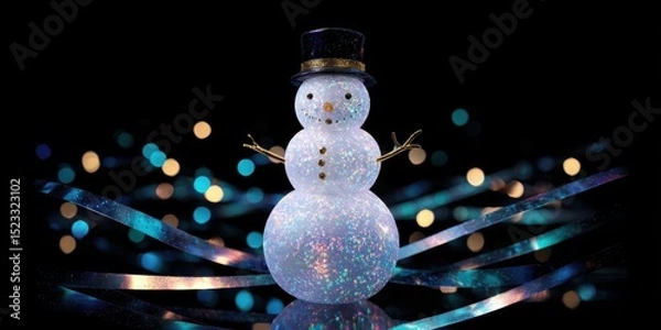 Fototapeta A small snowman figurine sitting on a wooden table with a blurred indoor background.