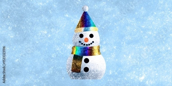 Fototapeta Snowman wearing a black hat and red scarf standing on snowy ground with a clear winter sky background.