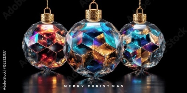 Fototapeta Three shiny glass ornaments with intricate designs displayed on a black background, perfect for festive decor.