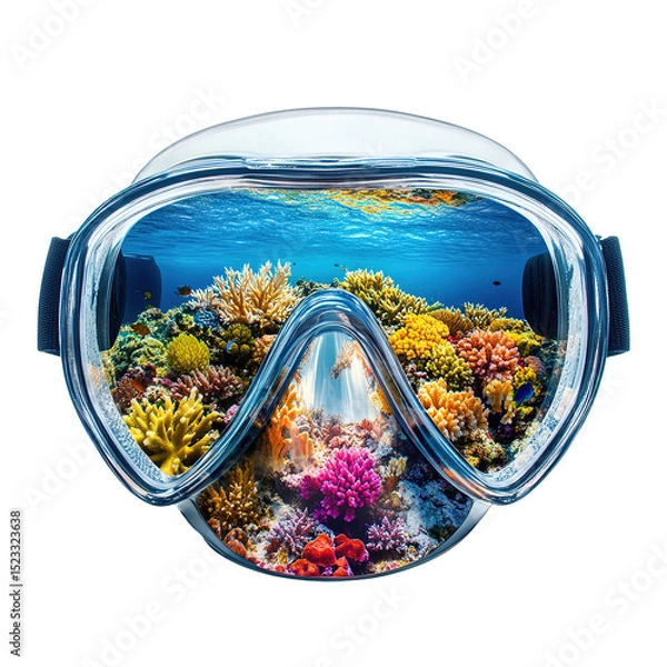 Fototapeta Underwater coral reef scene viewed through a diving mask isolated on tranparent background.