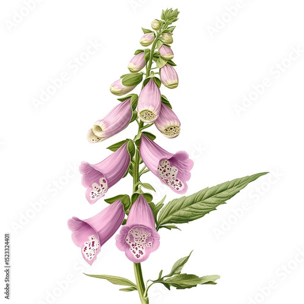 Fototapeta Detailed illustration of a foxglove flower cluster isolated on tranparent background.