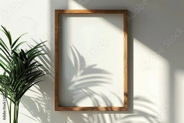 Fototapeta Premium Quality Visual of Empty Wooden Frame on a White Wall with a Plant and Sunlight Shadows