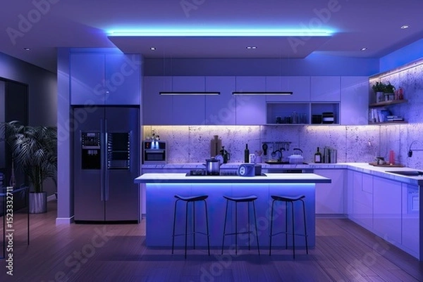 Fototapeta smart home kitchen with voice activated appliances and automated lighting