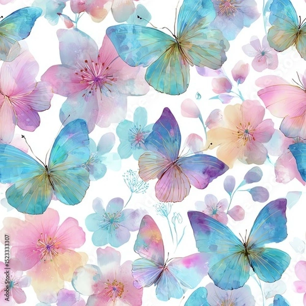 Obraz pastel watercolor butterflies and flowers seamless pattern, elegant soft design
