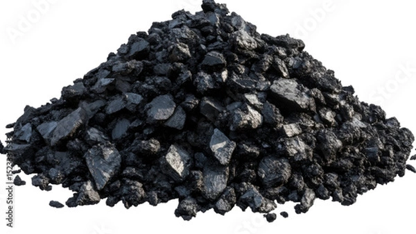 Fototapeta Pile of Raw Black Coal Chunks with Rough Texture and Natural Mineral Surface Isolated on White Background