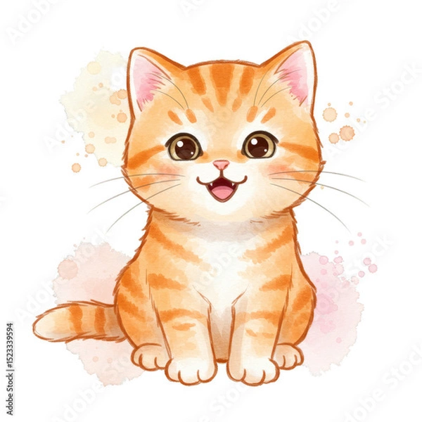 Obraz Cute Watercolor Illustration Of An Orange Kitten With Transparent Background