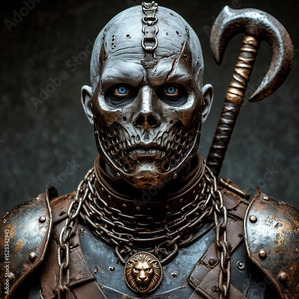 Fototapeta The hero of the gameshooter. An undead warrior in combat gear and with a weapon. Portrait of a monster.